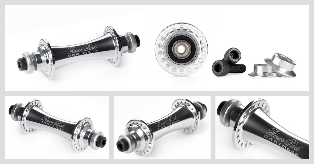 Dartmoor Razor Park BMX front hub. Extremely lightweight female front hub dedicated for technical riding. With 12mm 7075 alu inner axle machined to 10mm on both ends to fit dropouts and M8 solid bolts (for 6mm Allen key). With push-in alu cones and sealed bearings. 129g !!!