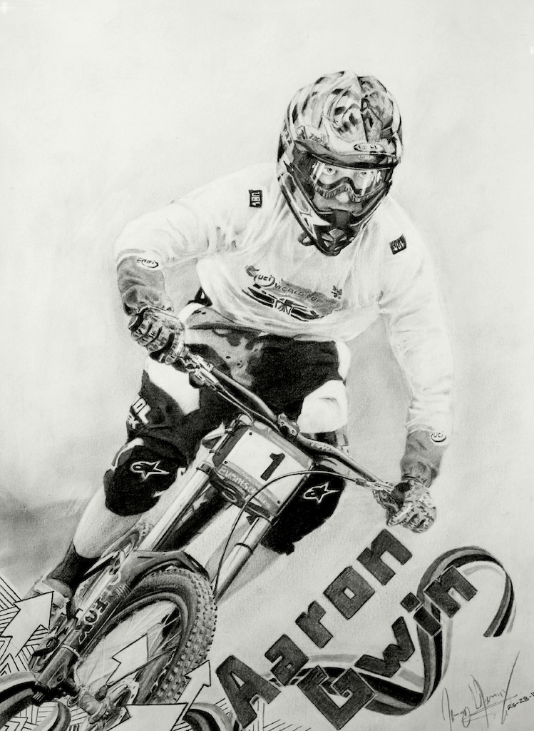 Here’s a drawing I have spent the over 20 hours on. It’s all drawn by hand using 7 different pencils. I used this photo (http://www.pinkbike.com/photo/6710207/) taken by Alasdair for reference. The photos of Aaron Gwin, the USA based rider who got 1st place overall for the 2011 UCI Mountain Bike World Cup. 9"x13"