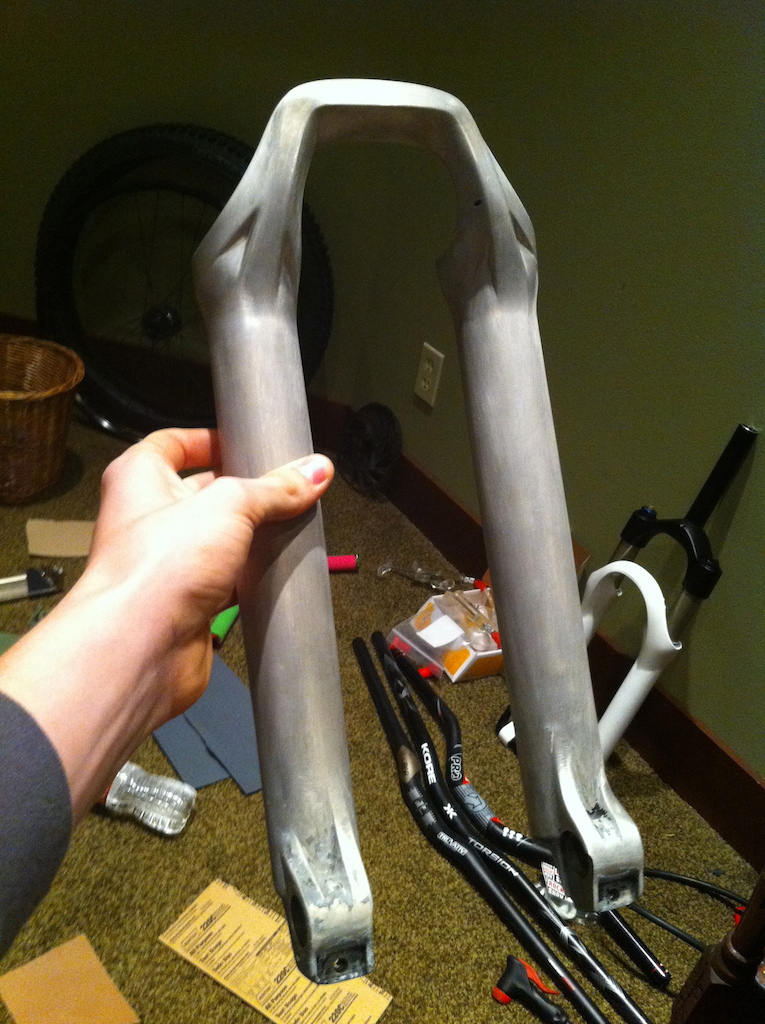 Fox 36 lowers stripped, now they will be polished and clear coated to produce a matt silver look.