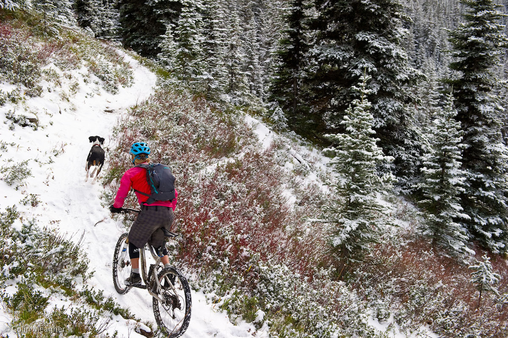 Jenny Konway milking the end of the high country in the Washington Cascades with a ride on Dalles Ridge from Corral Pass to Buck Creek on the Ranger Creek Trail in mid November with Reilly. Note the knee warmers. Jenny's also rocking the Dakine White Knuckle gloves.