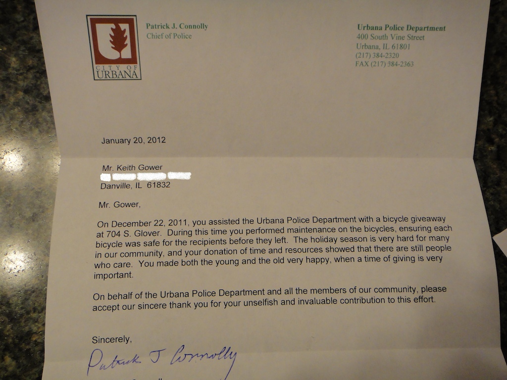 The letter of commendation I rec'vd from the Urbana, IL Cheif of Police for donatiing my time and skills to their FREE Christmas Bike Giveaway ;-)