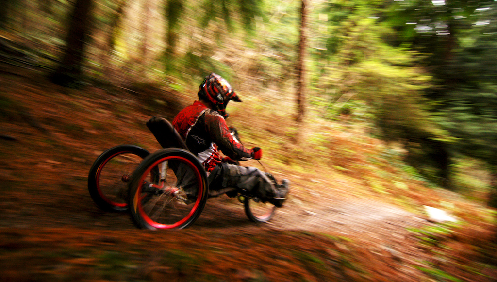 Racing toward the last berms at the bottom of HSD on my adaptive mountain bike.