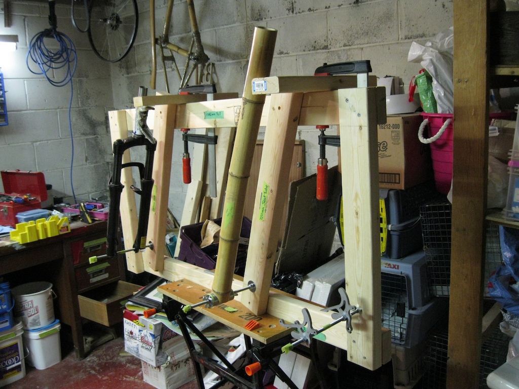 Bamboo bike frame jig built using 2x4s -  approximately $20 in materials.