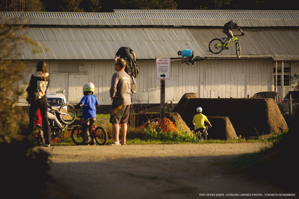 in order...Ryan Howard Brandon Semenuk Brett Rheeder Kyle Jamieson Jack Fogelquist Max Kauert Ray George Logan Peat Alex Reveles Connor Gallart at post office jumps in Aptos California while filming with Anthill s Strength In Numbers 