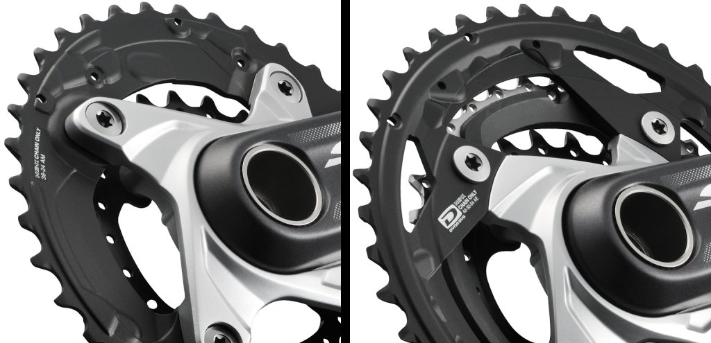 A closer look at the SLX crankset indicates that it may have an interchangeable spider. The two-by version (left) has a different spider than the triple crankset on the right. Torx hardware indicates that SLX chainring bolts are aluminum.