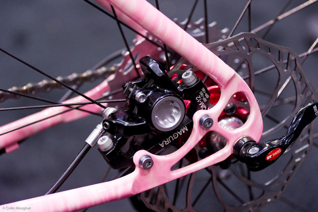 Rear brake caliper mount on the Groovy Pink Bike.