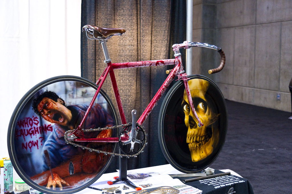This Evil Dead tribute bike from Peacock Groove out of Minnesota was absolutely amazing. The wheel graphics were air brushed on free hand.