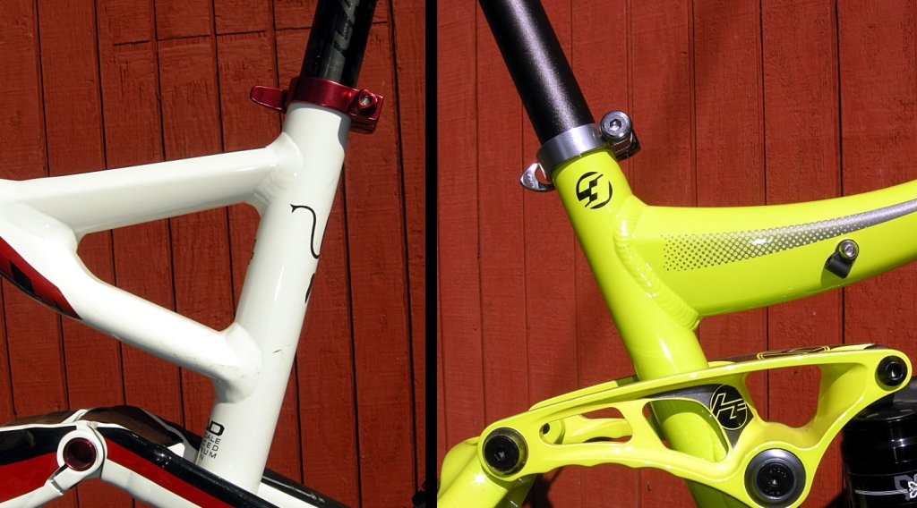 If your top tube is forked like the Cannondale on the left, route the lower loop around the upper tube and in front of the seat tube. If the frame has a single top tube, route the lower loop under the top tube and behind the seat tube. This will ensure that the loop pulls up straight when you raise the saddle.