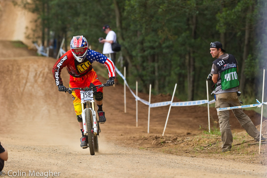 Digging deep: Logan Binggeli on the red line as he starts pounding the pedals after the table top jumps.
