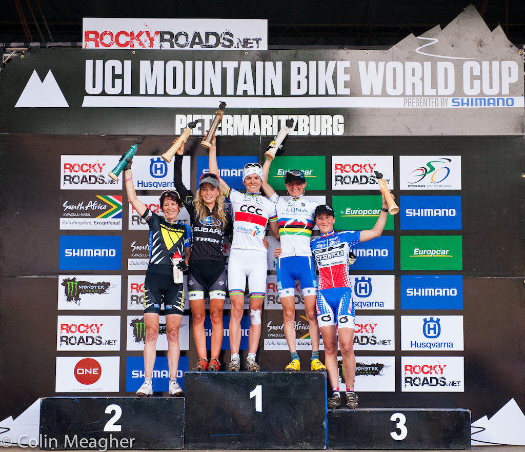 Women's XC Podium at the UCI 2012 MTB World Cup at the Cascades MTB Park in Pietermaritzburg, South Africa.
