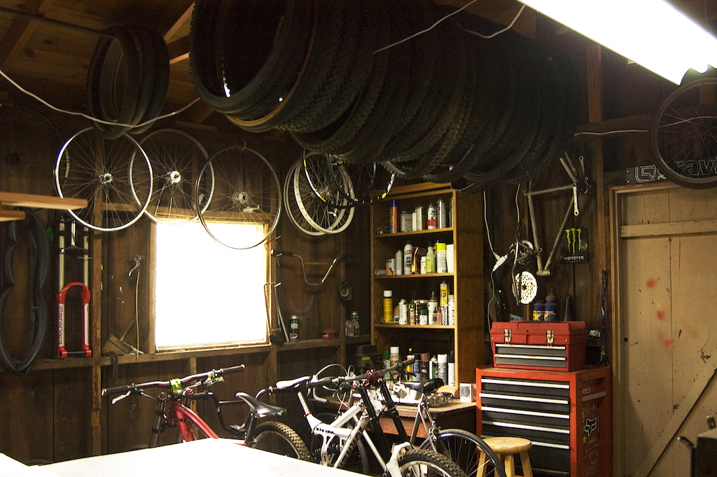 My backyard bike shop. Got just about everything I need to keep the bikes running smooth. All bikes welcome here(except fixies).