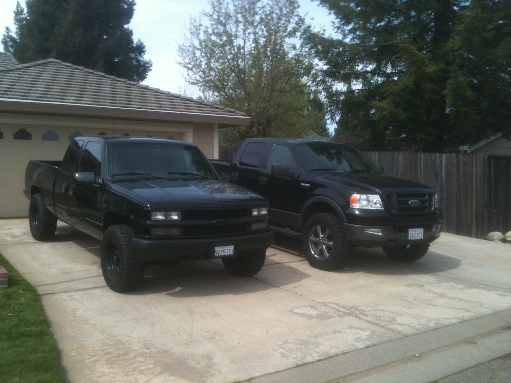 Both the trucks now. Chevy-mine-new motor, cam, exhaust, headers, intake, sound system, bedlined bumbpers, black grille, HIDS, tinted windows and a bunch of other crap
Ford-Mom's- 3" leveling kit, 35" nitto trail grapplers, kicker sub