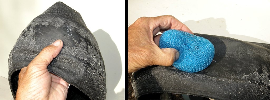 Locate the puncture and scrub off any encrusted tire sealant with your moms pot cleaner.