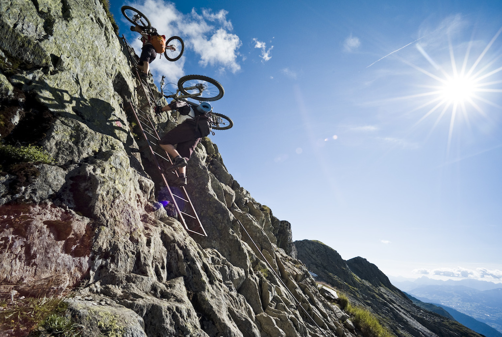 You dont get anything for free nowadays. Ladders are part of AM riding in the Alps. Photo by Dan Milner.