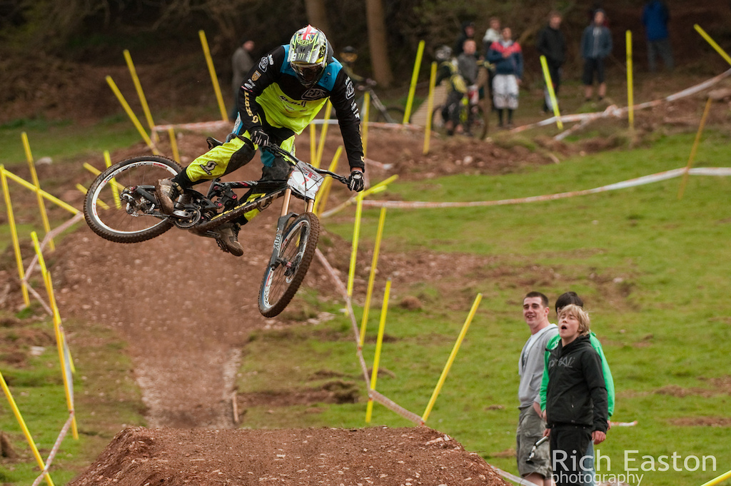 Getting sideways over the table at round one of the British Downhill Series.