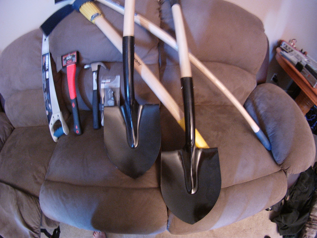 tools for digging building and making big sh!t to huck off ...

$105 @ Rona 15% discount on the pick axe and hatchet 
hacksaw hoe two shovels hammer knife and the appearance of cutting up a dead body and burying it somewhere as you walk around with these tools ...priceless....