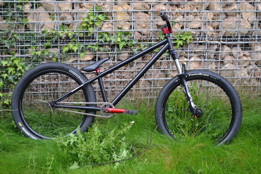 My Complete set up as of 19/04/2012

Frame: Nookie Shuffle 2011
Forks: Rock Shox Argyle RC 2011
Cranks: Wethepeople Rotal v2 2011
Front wheel: Halo 20mm hub on halo sas rim with Tioga Powerblock tyre.
Stem: Dartmoor fury
Bars: Funn Full On Bars
Seat Post: On One Pivitol
Sproket: Eastern medusa 25t
Chain:  YBN MK747
Rear Wheel: NS Bikes Rotary Rear SingleSpeed Hub 2012 on a Spank Tweet Tweet rim with a schwalbe Crazybob Tyre 24" 32 spokes.