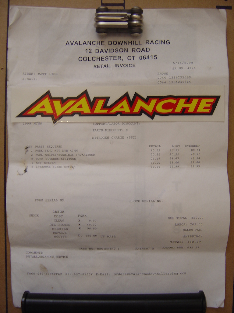 Avalanche receipt for all work done to my MTN-8