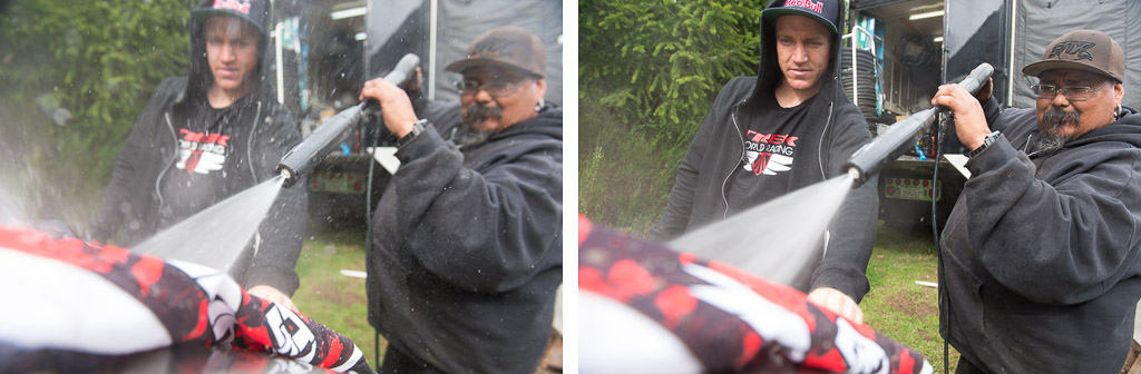 Aaron Gwin and Monk doing the laundry at the end of the day.