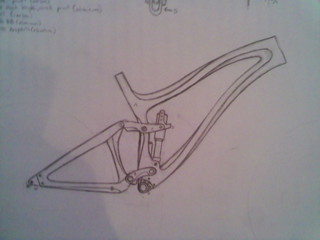 this is mainly just putting the idea to paper so i dont forget parts of it. its not to scale, and the pivots are just a general layout of the angles and lengths i want. Most of my thought has gone into the bends and creases in the carbon fiber of the main triangle in the interest of spreading compression, pulling, twisting forces into stronger more flexible areas of the frame, aswell as the direction of force from the pivots and shock mounts. i haven't finished the rear triangle yet this is a general shape of it.