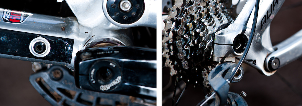 Norco ingeniously integrated a spare derailleur hanger bolt into the frame just in front of the crankset on the frame's non-drive side.