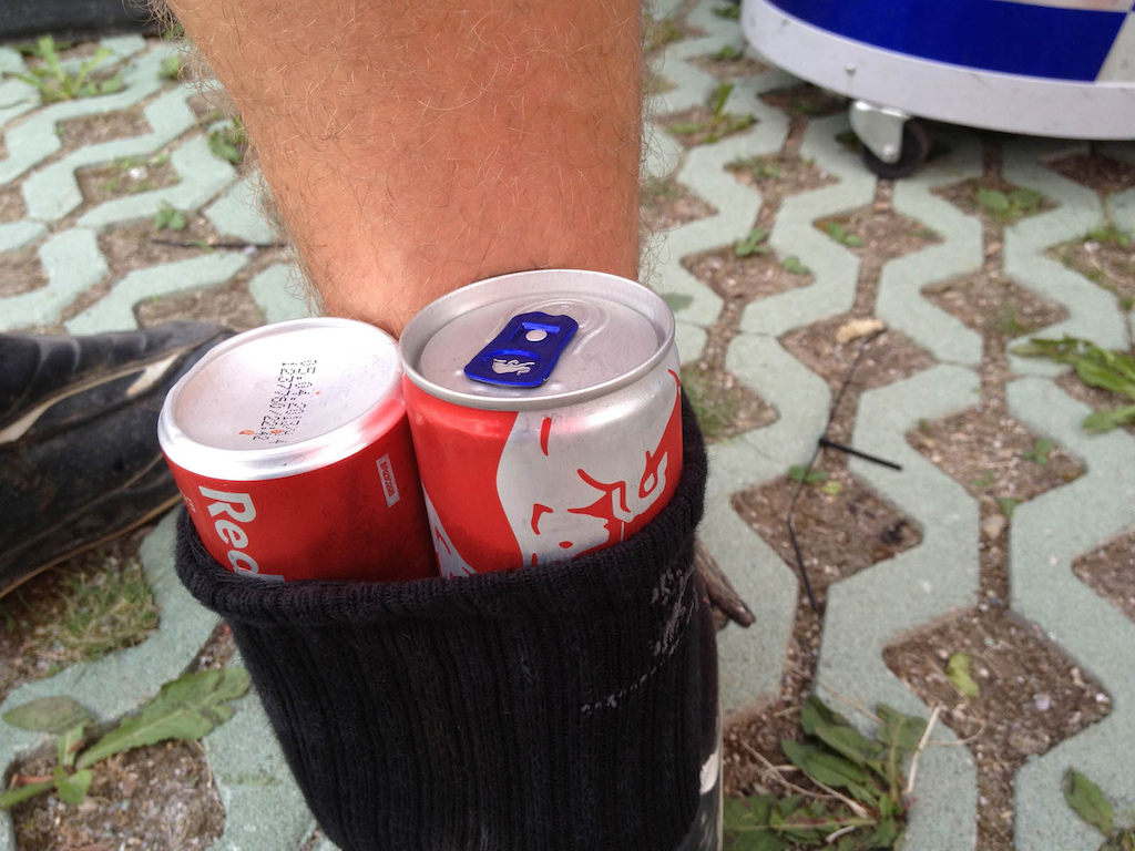 Nick Beer putting his Redbull sponsorship to good use after slamming a pedal into his Achilles Tendon.