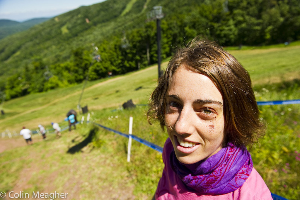 Last week, after crashing on her face, Florian Pugin was blowing her nose. Instant black eye. Turns out she has a very small fracture that is rapidly healing itself . Determined to ride, she's walking the track. "I am about 85% of my regular vision, right now. That's not so good! But I should be okay to ride tomorrow. If I am not, well, there is always Val d"Isere/