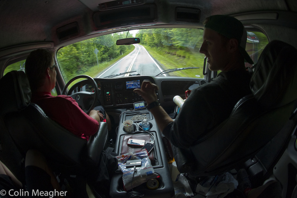 On the way to Windham in the SRAM truck. Narrow highways and a heavy truck made for a long haul for Evan Warner (navigator), Bryan Dalton (wheelman), and Shawn Cruickshank (backseat driver).