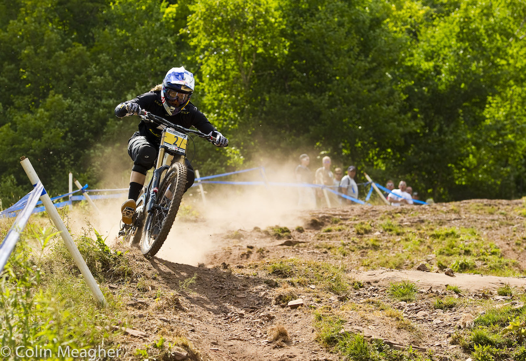 Rachel Atherton on track--some controversy about her going off track and re-entering, but not at the point at which she left the track. Ultimately, the UCI ruled that  she had not gained any advantage and let her win stand.