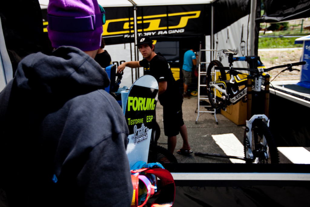 Snowboarders check out the Atherton racing pits at Crankworx Les deux Alpes in France.