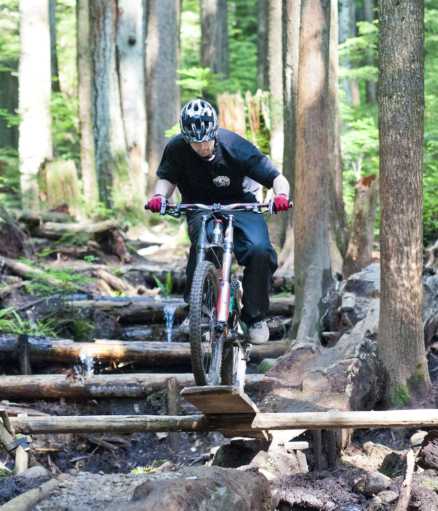 Trying to stay out of the drink at the teeter on Ladies Only trail, Fromme Mountain, North Vancouver