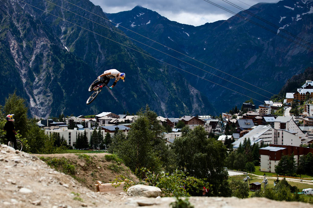 Martin Soderstrom spinning over top of the village
