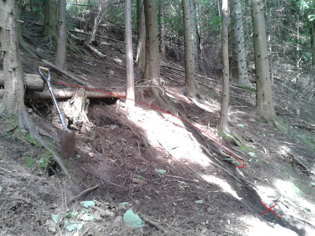 off a fallen tree into 2 new catch berms leading into the 'dodgy drop'