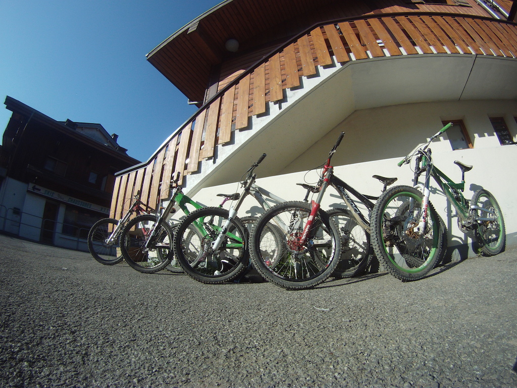 Our bikes lined up outside the chalet ready for the days riding, minus Ramsay's bike