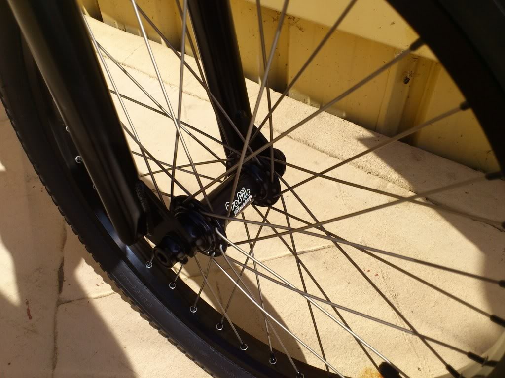 Front 

Hub: Profile Totem 3/8's 36H 
Spokes: Dt Swiss Titanium 36 
Nipples: Dt Swiss Alloy 
Rim: Sun Rhyno Lite 36 
Tube: Maxxis 
Tyre: Khe Dirt