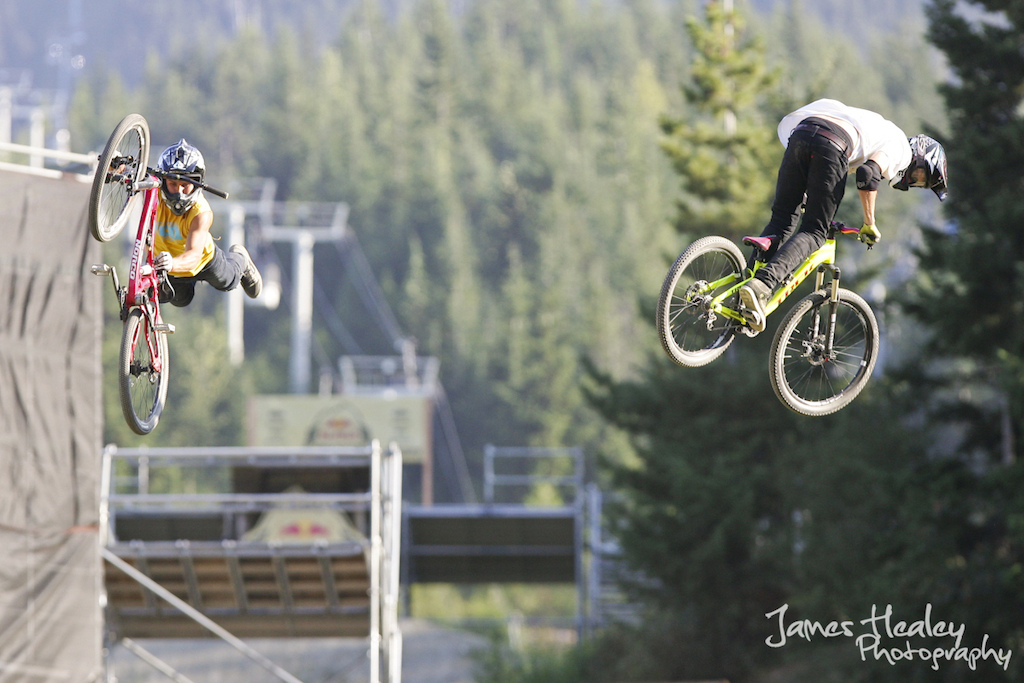 Sam Dueck of Norco Factory with a superman seat grab and Brett Rheeder with a 360