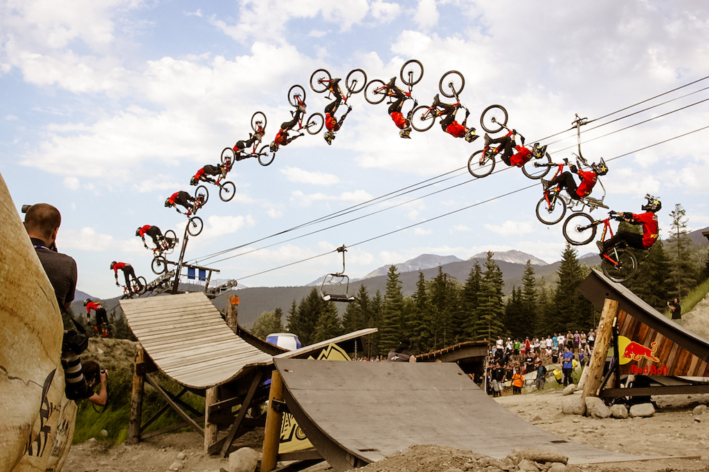 Cam McCaul backflipping over the 60ft gap at Red Bull Joyride