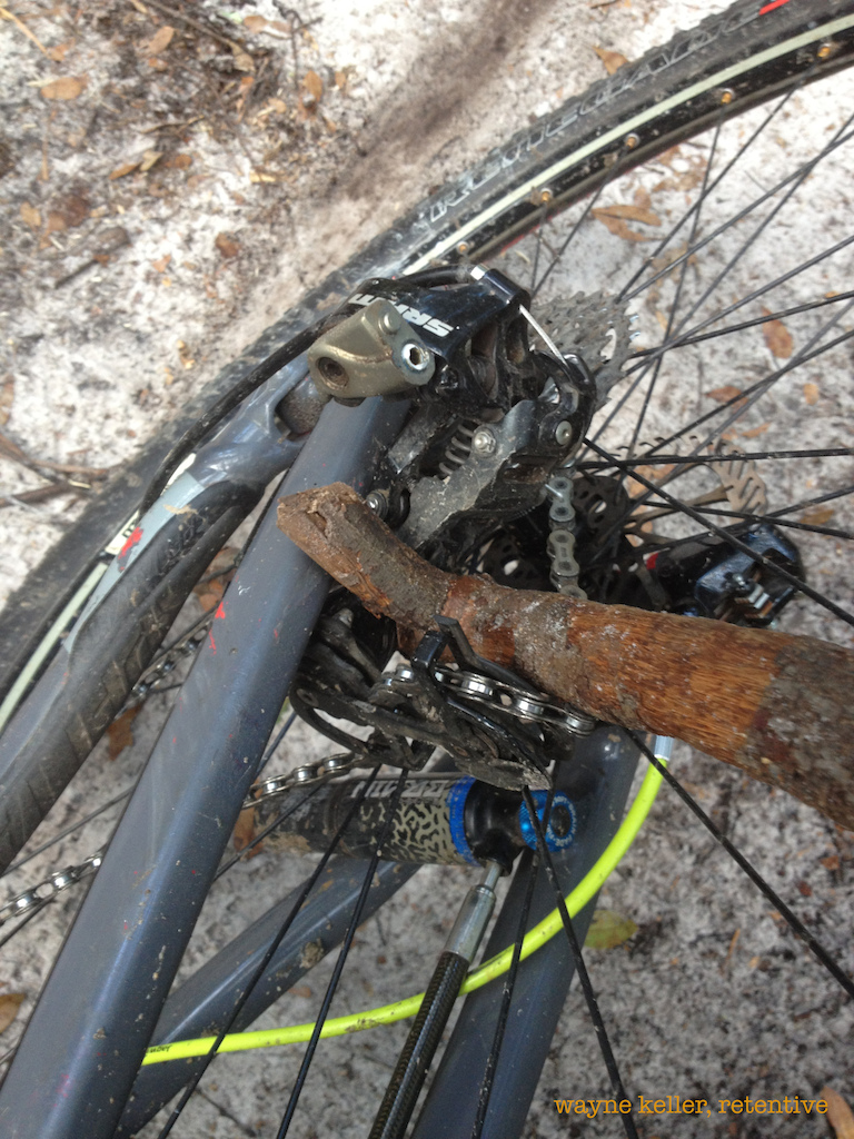 see my other photo of the seat post tool/part stash....this sounded like a train wreck, was actually rolling again in 10 minutes....gotta keep those (proprietary Spesh) derailler hanger bolts handy....
