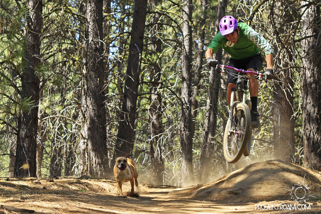 Colt with a dumb look on his face shredding with his dog on the Whoops trail in Bend, OR.