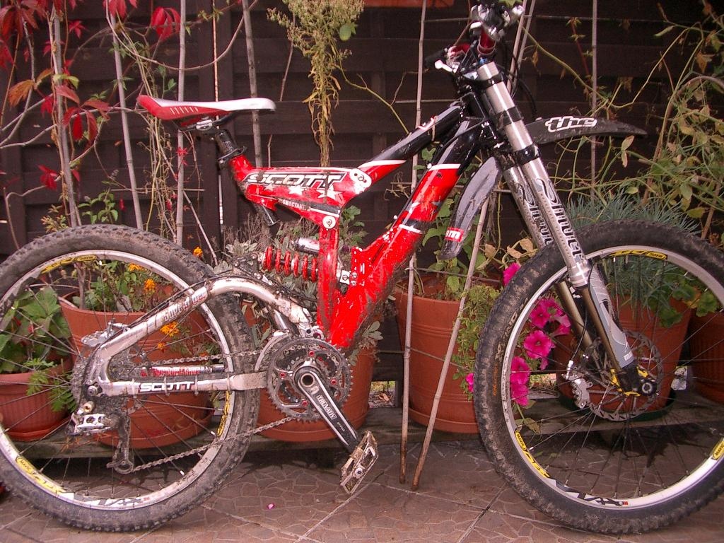 Scott High Octane FR &amp; Marzocchi Shiver DC 2003 &amp; Truvativ Stylo Carbon crank &amp; Mavic Deemax wheels &amp; Hope M4 brakes &amp; Dartmoor components &amp; Fizik &amp; Sram X-0 

This bike is dirty ^_^