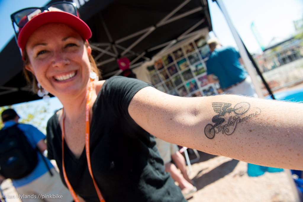Sarai from Girl Bike Love showing off her CycloFemme tattoo. The CycloFemme motto is all about empowering women through riding...