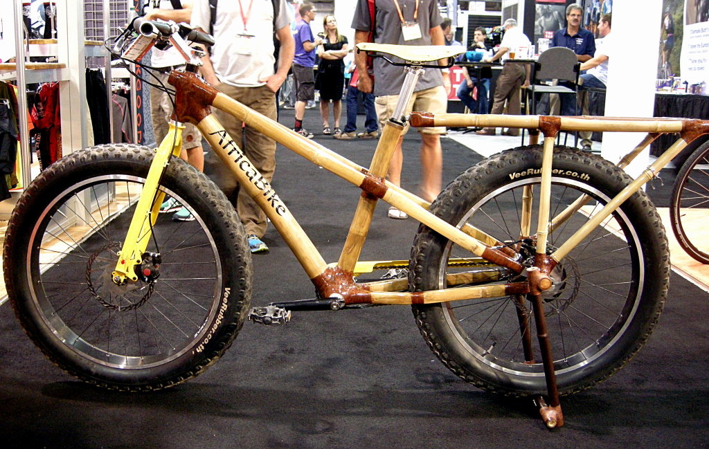 Calfee is a name synonymous with alternative materials and construction methods. The latest project is Africa Bike - a bamboo frame joined with fibers harvested from ficus tree bark (relatives of figs). The raw fibers are mixed with epoxy resin and wrapped around the bamboo and various metal bits to join the frame.