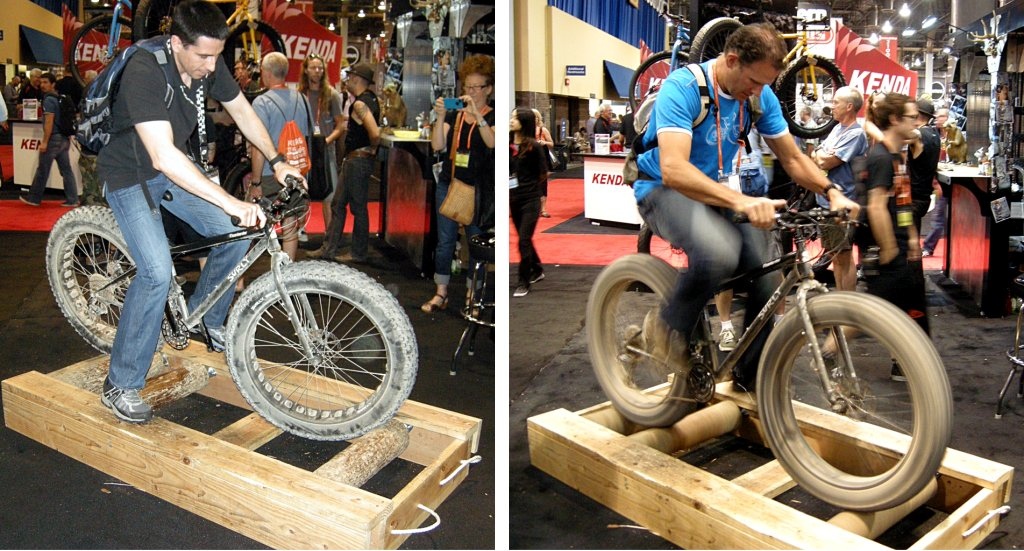 The Surly crew built a crude set of log rollers and offered up a big-tire bike to challenge all comers. It looks easier than it is. It took me a few tries to get going.
