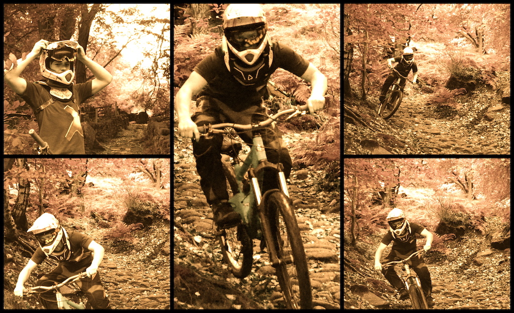 A series of photos of Daniel Bladon riding some greasy cobbles.