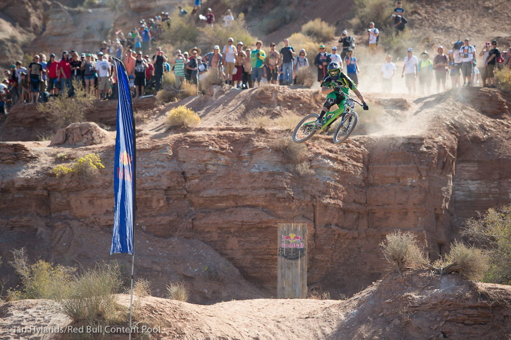 Geoff Gulevich rides in the finals at Red Bull Rampage in Virgin Utah on 7 October 2012