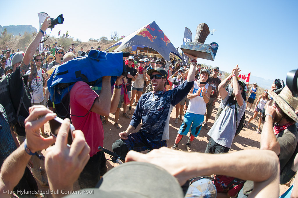 Kurt Sorge celebrates his win at Red Bull Rampage in Virgin, Utah on 7 October, 2012