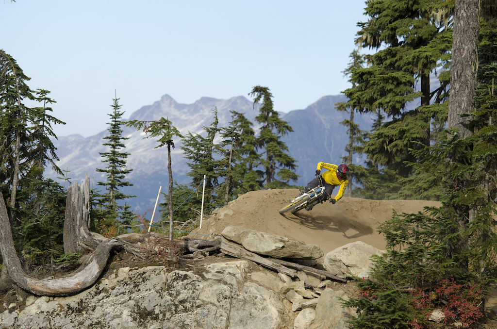 Jimmi railing a berm on the closing weekend of the Whistler Bike Park.