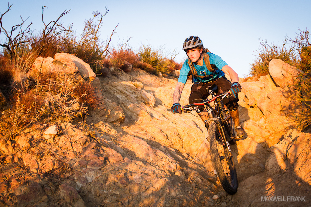 Maneuvering down some of Santa Barbaras rocky decents and compressing those forks all the way down!