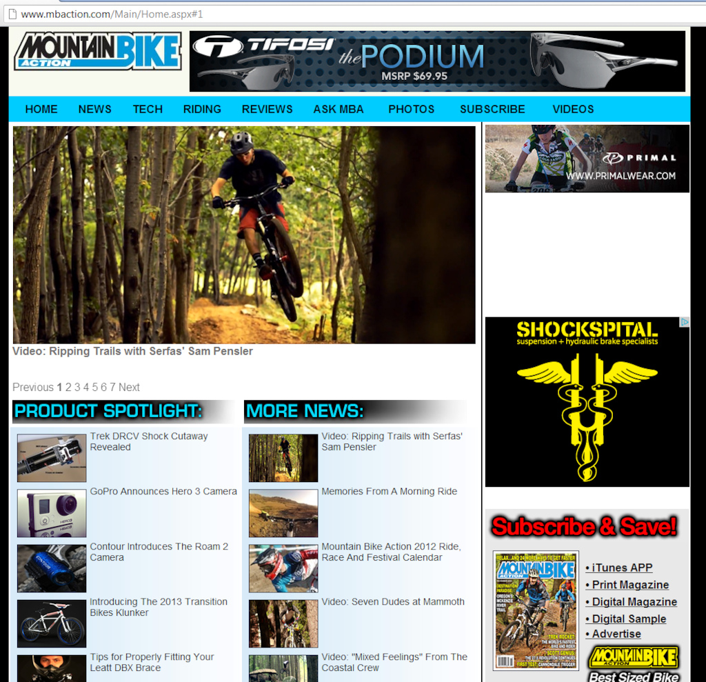 Video I did for Sam Pensler is on the home page of Mountain Bike Action as of Oct 18 2012.  GNAR and props to Sam and the SERFAS team!