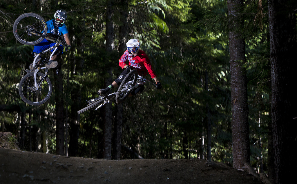 Mountain bike riders Dylan Sherrard and Seb Kemp are seen riding along a trail in Whistler, B.C. Sunday, August 12, 2012. THE CANADIAN PRESS/Jonathan Hayward